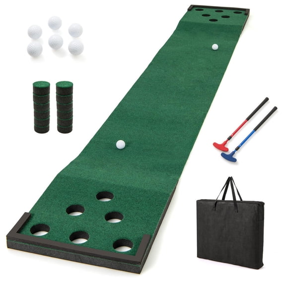 11 Ft Indoor Outdoor Putting Green Mat Set with 2 Adjustable Putters and 6 Golf Balls