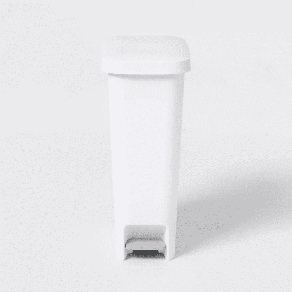 11 Gallon Slim Step Trash Can White, Pedal-Operated Hands-Free Kitchen Garbage Bin, Textured Plastic Wastebasket for Narrow Spaces, Stay-Open Lid, Easy Clean
