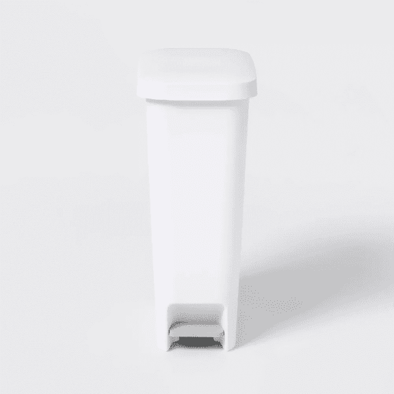 11 Gallon Slim Step Trash Can White, Pedal-Operated Hands-Free Kitchen Garbage Bin, Textured Plastic Wastebasket for Narrow Spaces, Stay-Open Lid, Easy Clean