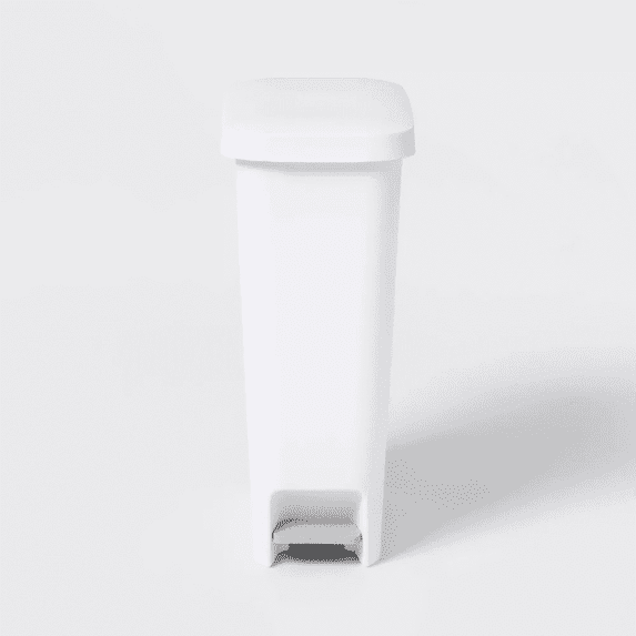 11 Gallon Slim Step Trash Can White, Pedal-Operated Hands-Free Kitchen Garbage Bin, Textured Plastic Wastebasket for Narrow Spaces, Stay-Open Lid, Easy Clean
