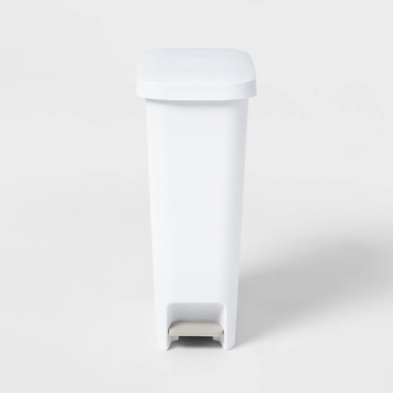 11 Gallon Slim Step Trash Can, White Pedal-Operated Lid, Textured Indoor Kitchen Trashcan