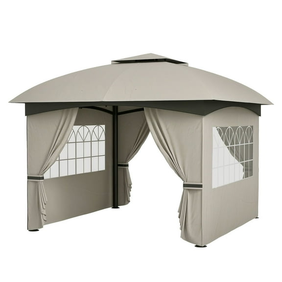 11' Gazebo Outdoor, Double Roof Patio Gazebo with Curtains, Light Gray - Steel Frame for Garden, Deck, Hot Tub