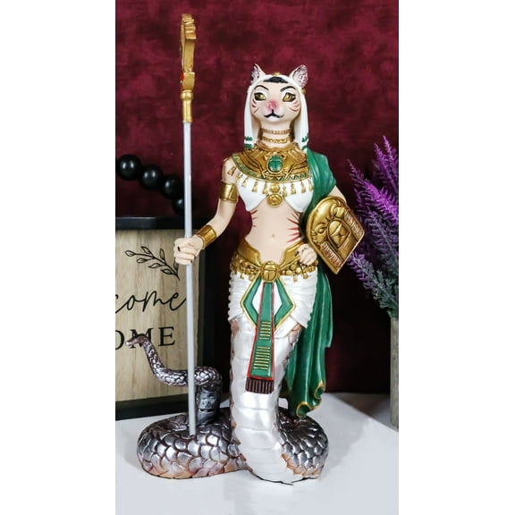 11"H Colorful Egyptian Feline Goddess Bastet Cat In Slain Snake Apep Tail Statue
