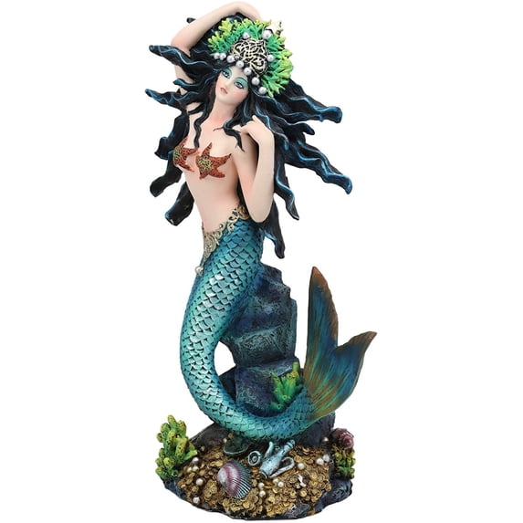 11"H Nautical Turquoise Tail Mermaid Pearl Crown Princess By Treasures Statue