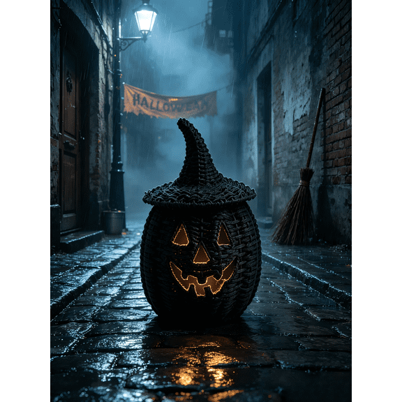 11" Halloween Woven Pumpkin Lantern with Witch Hat Lid - Hand-Woven Rattan Pumpkin Lantern Light Candle Holder for Hanging & Tabletop Decor #K