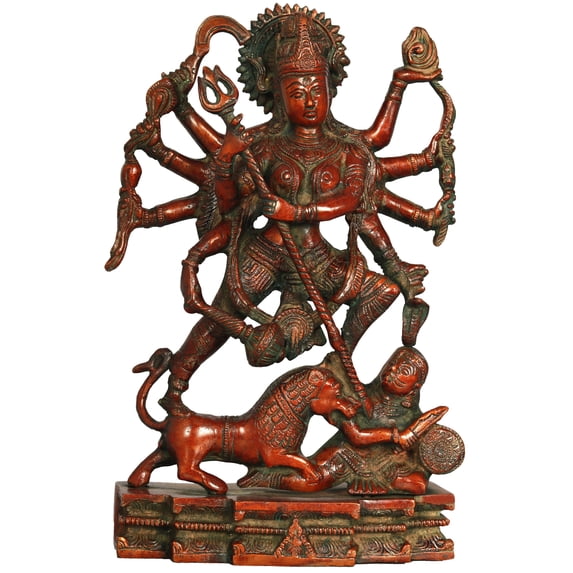 11 inch Maa Durga Dashabhuja Ten-Armed Warrior Goddess Brass Statue Cosmic Fighter