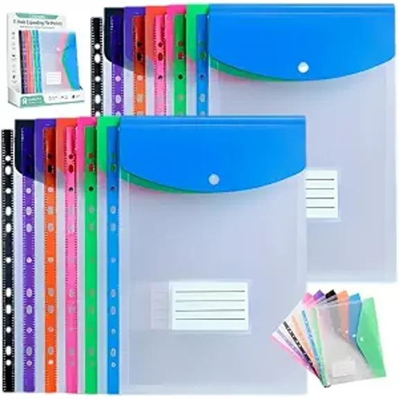 11 Hole Expanding Binder Pockets for 3 Ring Binder, Letter A4 Plastic Accordion File Envelopes with Snap Button & Label Pouch for Office School Document Organization, Assorted Colors, 12 Pack (k)