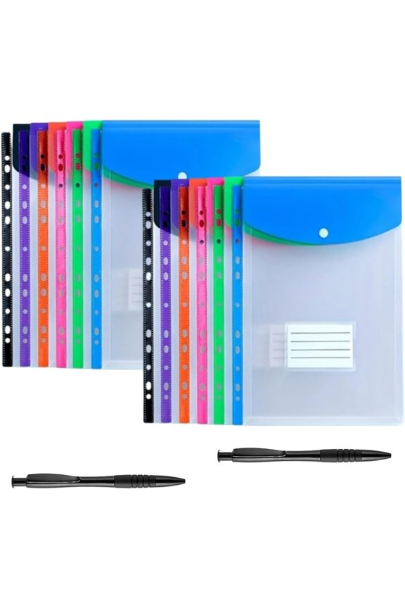 11-Hole Expanding File Pockets Assorted Colors, 11-Hole Binder Pocket with Label, Index Dividers Pocket Folders Plastic Envelopes Clear Document Folders for Ring Transparent Binder (12PC,B )