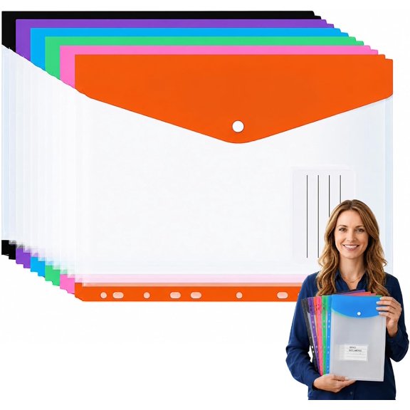 11-Hole Expanding File Pockets Assorted Colors, 12 Pack Binder Pockets with Label Pocket, Waterproof PVC File Folders for 2/3/4 Ring Binder, A4-Size Document Pouches (Vertical Version*6pcs)