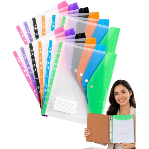 11-Hole Expanding File Pockets Assorted Colors, Large Capacity Binder Envelopes Holds up to 200 Sheets, Waterproof 0.4mm Heavy-Duty Paper Organizer for 2, 3, 4-Ring Binders (Horizontal*12)