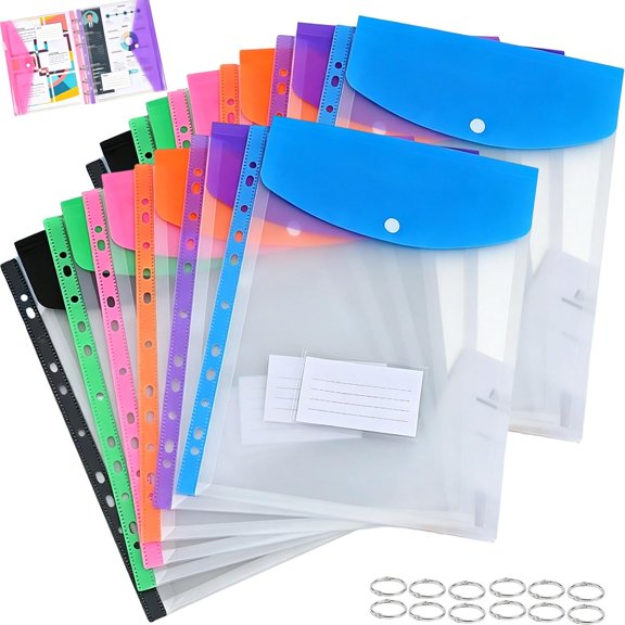 11-Hole Expanding File Pockets Assorted Colors, Snap Button and Label Slots, Waterproof Binder Organizer for 2/3/4 Ring Planners, Home Office Storage (Vertical *12)