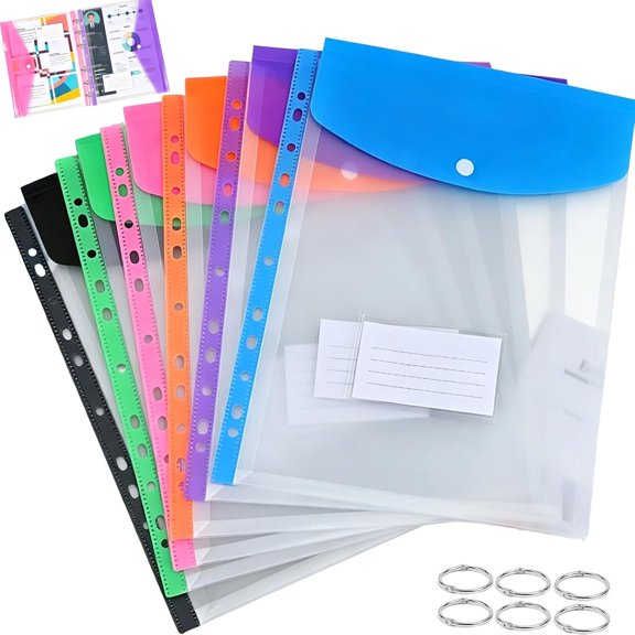 11-Hole Expanding File Pockets Assorted Colors, Snap Button and Label Slots, Waterproof Binder Organizer for 2/3/4 Ring Planners, Home Office Storage (Vertical *6)