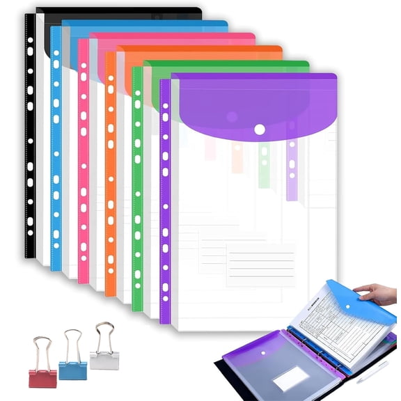 11 Hole Expanding File Pockets, Horizontal & Vertical Plastic Envelopes for 2/3/4 Ring Binder, Thick Reusable Binder Folders with Snap Closure & Labels (6* Portrait)
