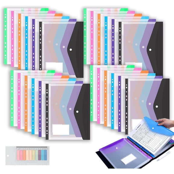 11 Hole Expanding File Pockets, Horizontal & Vertical Plastic Envelopes for 2/3/4 Ring Binder, Thick Reusable Binder Folders with Snap Closure & Labels, Holds 200 Sheets (24* Landscape)