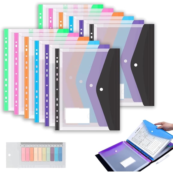 11 Hole Expanding File Pockets, Horizontal & Vertical Plastic Envelopes for 2/3/4 Ring Binder, Thick Reusable Binder Folders with Snap Closure & Labels, Holds 200 Sheets (12* Landscape)