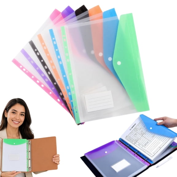 11 Hole Expanding File Pockets, Horizontal & Vertical Plastic Envelopes for 2/3/4 Ring Binder, Thick Reusable Binder Folders with Snap Closure & Labels, Holds 200 Sheets (6* Horizontal)