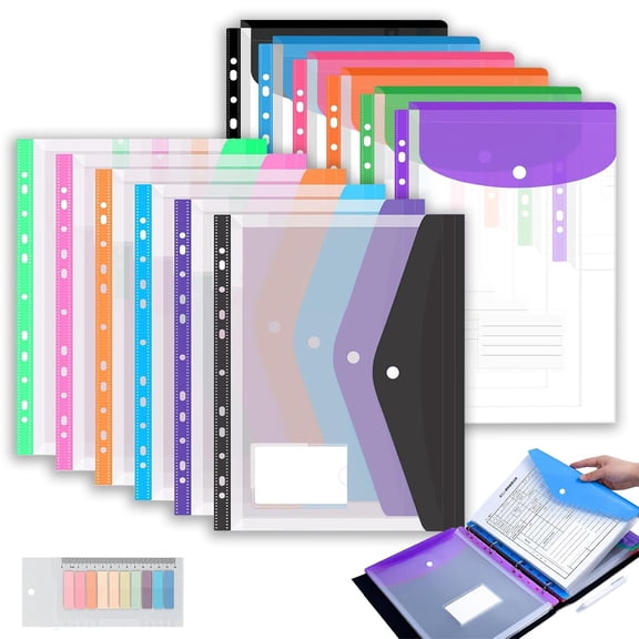 11 Hole Expanding File Pockets, Horizontal & Vertical Plastic Envelopes for 2/3/4 Ring Binder, Thick Reusable Binder Folders with Snap Closure & Labels, Holds 200 Sheets