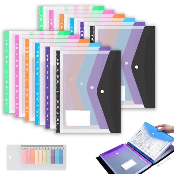 11 Hole Expanding File Pockets, Horizontal & Vertical Plastic Envelopes for 2/3/4 Ring Binder, Thick Reusable Binder Folders with Snap Closure & Labels, Holds 200 Sheets