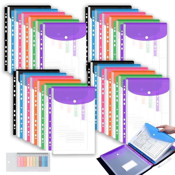 11 Hole Expanding File Pockets, Thick PP Binder Envelopes with Snap Closure, Holds 200 Sheets for 2/3/4 Ring Binders, Home School Office Filing