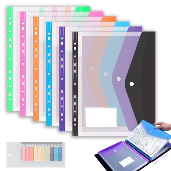 11 Hole Expanding File Pockets, Thick PP Binder Envelopes with Snap Closure, Holds 200 Sheets for 2/3/4 Ring Binders, Home School Office Filing