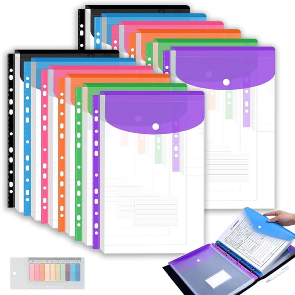 11 Hole Expanding File Pockets, Thick PP Binder Envelopes with Snap Closure & Labels, for 2 3 4 Ring Binders, Home School Office Filing