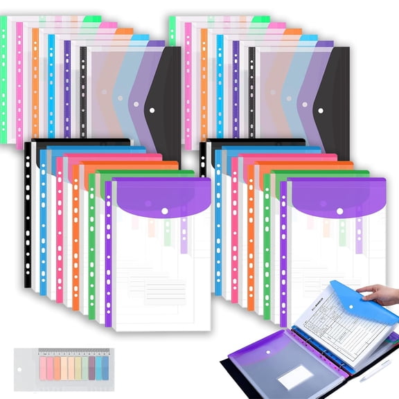 11 Hole Expanding File Pockets, Thick PP Binder Envelopes with Snap Closure & Labels, for 2 3 4 Ring Binders, Home School Office Filing