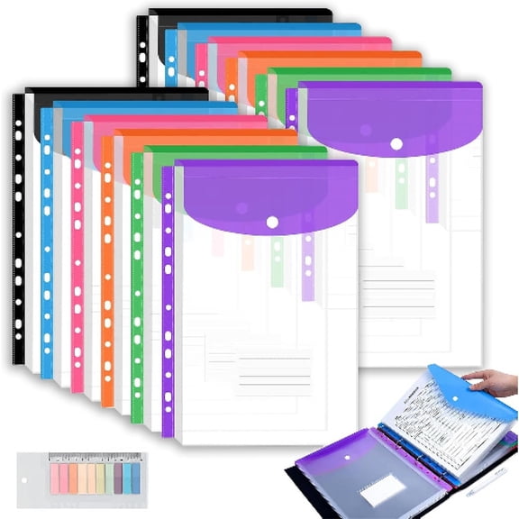 11-Hole Expanding File Pockets, Universal 2/3/4 Ring Binder Fit, Waterproof PP Snap Closure Binder Folders, 200 Sheet Capacity, Horizontal/Vertical