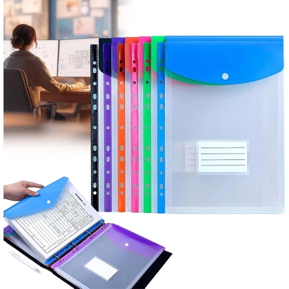 11 Hole Expanding File Pockets, Waterproof PVC File Folders, Transparent Expandable File Folder Organizer with Snap Button & Label, 2/3/4 Ring Document Pouch for School Office (Vertical 6pcs)