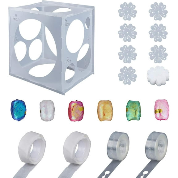 11 Holes Collapsible Plastic Balloon Sizer Box Cube Including 32ft Balloon Tape Strips 2 Roll Balloon Glue Point 20Pcs Balloon Flower Clips