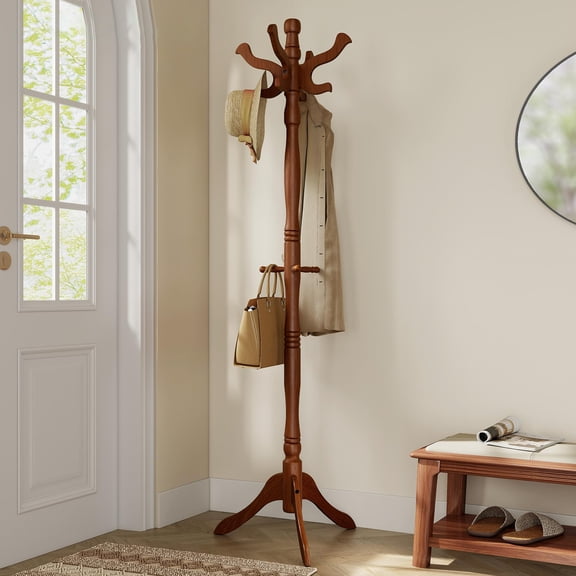 11-Hook Solid Wood Coat Rack, Rubberwood Freestanding Hall Tree for Entryway & Hallway Storage of Bags and Hats