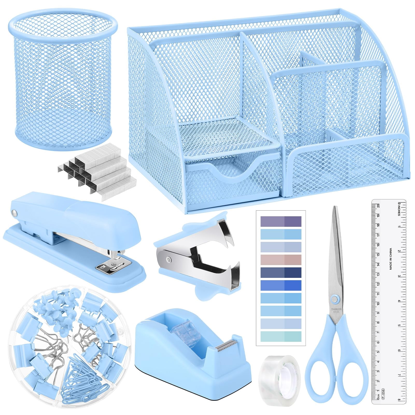 11 In 1 Blue Desk Organizer And Accessories  Light Office Supplies Include Stapler Tape Dispenser Pen Holder Staple Remover Clips Ruler Tapes Tabs