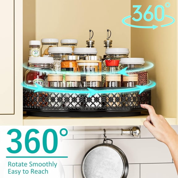 11 Inch Black Lazy Susan Turntable - Metal 360° Rotating Spice Organizer Tray with Rim for Cabinet, Dining Table, Kitchen, Bathroom Storage