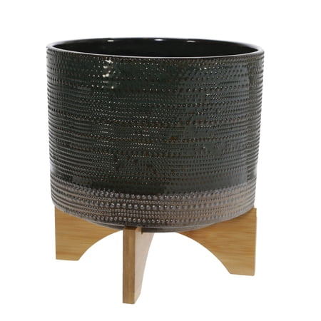 11 Inch Ceramic Dotted Planter with Wooden Base, Green and Brown- Saltoro Sherpi