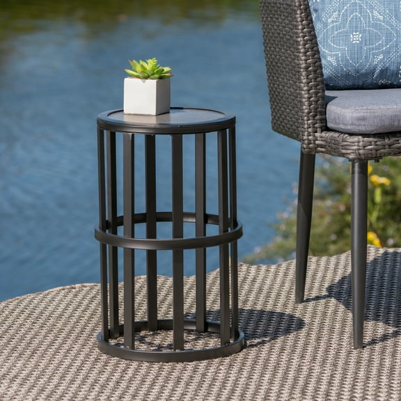 11 Inch Ceramic Tile Side Table, Outdoor Table with Powder Coated Iron Frame for Patio Garden, Grey