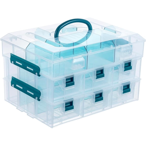 11 Inch Clear Arts and Crafts Stackable Container, Sewing Supplies Storage Organizer Case with Blue Accents, 24 Customizable Compartments, and 6 Drawers with Removable Dividers