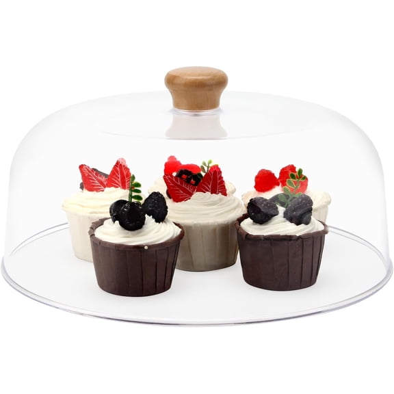 11 Inch Clear Cake Dome Cover, Acrylic Round Cake Stand Cover, Pastry Display Cloche for Food Plastic, Cake Cover Lid for Cake Stand Cake Plate Display Serving Platter (11 Inch - Wood)