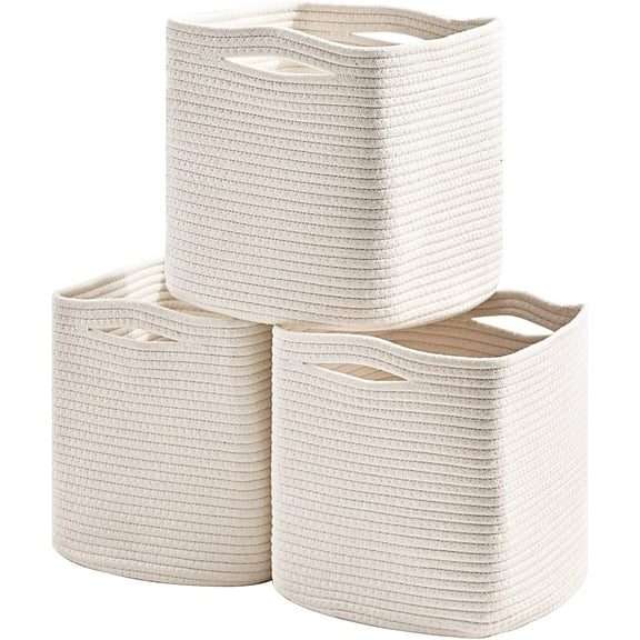 11 Inch Cube Storage Bins, 11x11 Cube Storage Bins for Cube Organizer, Square Cloth Storage Cubes, Woven Storage Baskets for Shelves, Toy Rope Baskets Storage Kids, Off White (Pack of 3)