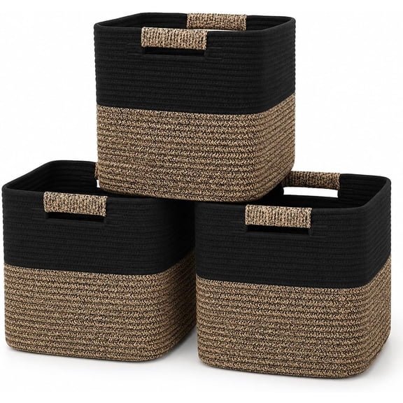 11 Inch Cube Storage Bins, 3 Pack Cotton Rope Woven Baskets for Organizing, Square Storage Baskets with Soft Cotton-rope Wrapped Handles for Shelves, Closet, Nursery, Clothes, Book and Bathroom