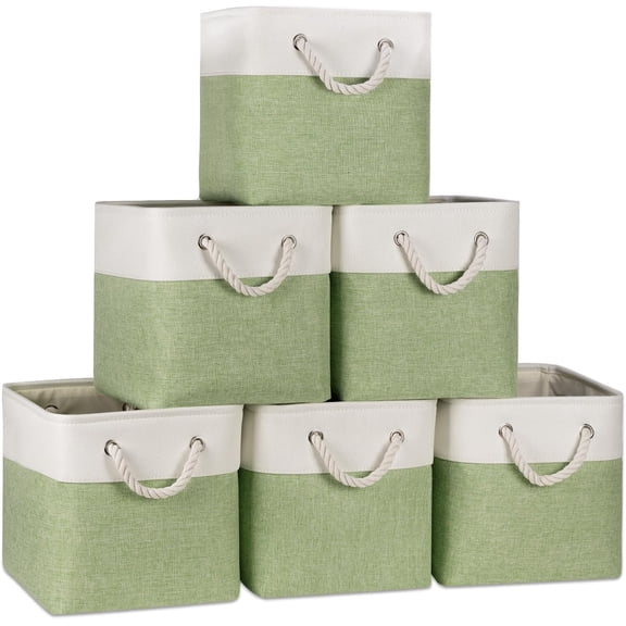 11 Inch Cube Storage Bins - 6 Pack Foldable Fabric Storage Baskets with Soft Rope Handles, Sturdy Organizer Cubes with Metal Frame for Shelves, Closet, Office & Home Organization (White&Green)