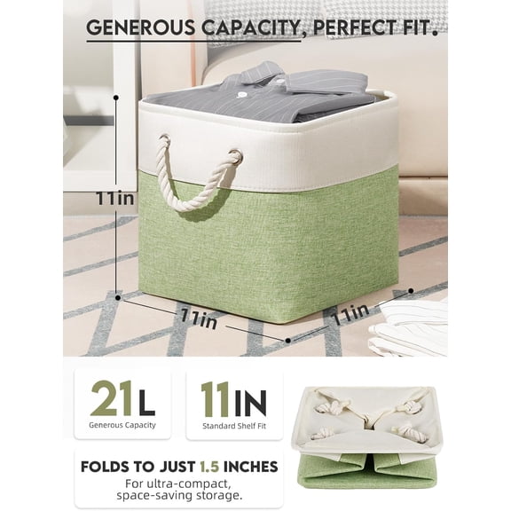 11 Inch Cube Storage Bins - 6 Pack Foldable Fabric Storage Baskets with Soft Rope Handles, Sturdy Organizer Cubes with Metal Frame for Shelves, Closet, Office & Home Organization (White&Green)