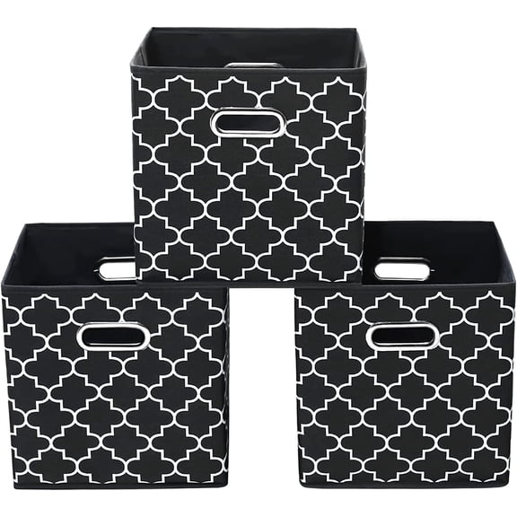 11 Inch Cube Storage Bins , Fabric Cube Organizer Bins with Handle, Foldable Cube Bins for Cloth or Accessary Storage, 11x11x11 Set of 3 (Black Light)