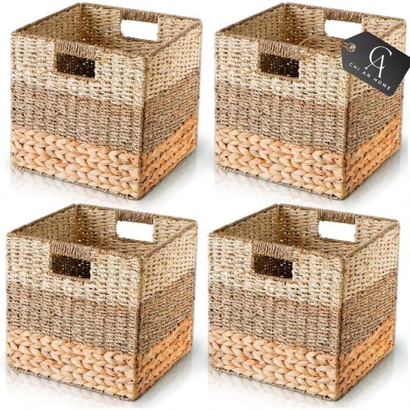 11 Inch Cube Storage Bins Wicker Storage Baskets for Cube Shelf Natural Foldable Square Baskets for Storage Large Woven Storage Bin with Handle Baskets for Pantry Living Room Set of 4