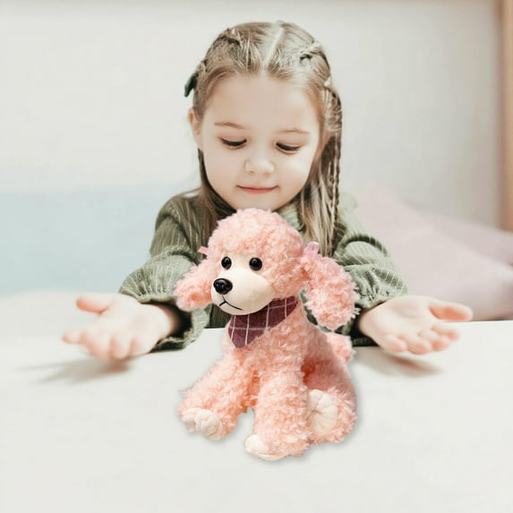 11-Inch Cute Poodle Plush Dog Toy with Scarf - Realistic Stuffed Animal Puppy, Soft Cloth Doll for Kids, Birthday & Wedding Gift for Boys & Girls Pink
