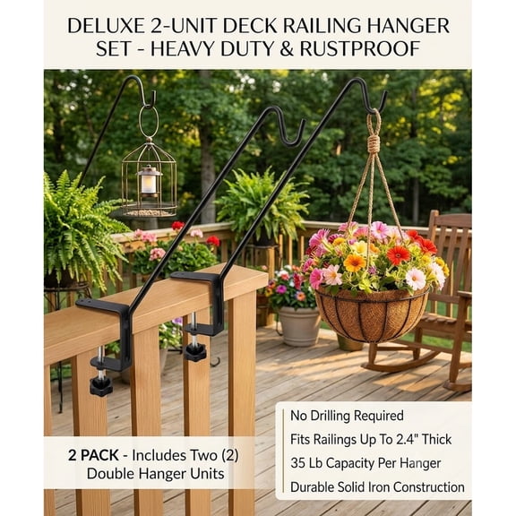 11 Inch Deck Railing Plant Hanger, Heavy Duty Rustproof Bracket, for Balcony Hanging Baskets and Bird Feeders, 2 Pack Adjustable Clamp