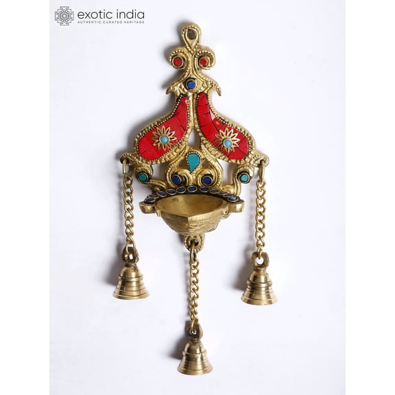 11 Inch Designer Wall Hanging Diya with Bells Brass with Inlay Work