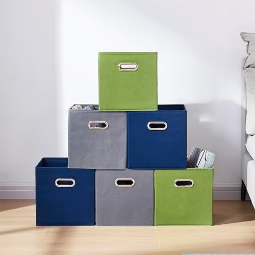 11 Inch Fabric Collapsible Storage Cubes,6 Pack Colored Closet Storage Bins with Metal Handles Foldable Cube Baskets for Organizing Clothes, Toys, BooksGreen, Gray, Dark Blue$$