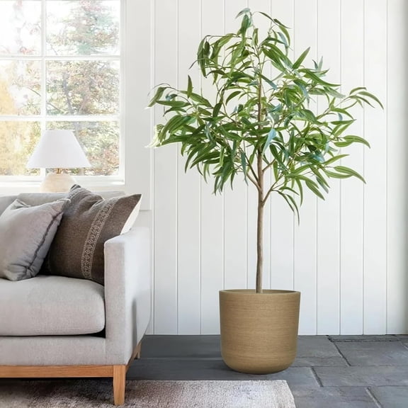 11 Inch Faux Wood Planter, Sandy Brushed Plastic Plant Pot with Drain Hole & Stopper, Lightweight Rustic Flower Pot for Indoor Outdoor, UV & Frost Resistant, Natural Wood Look