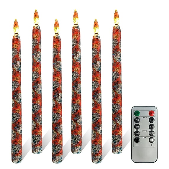 11 Inch Flameless Taper Candles with Remote, Multicolored Printed Candlesticks with LED Flickering Flame, Flameless Candles for Christmas Home & Wedding Decor, Pack of 6