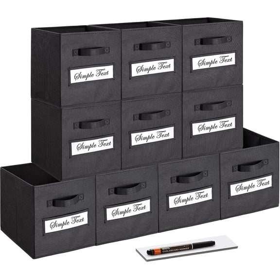 11 Inch Foldable Fabric Storage Cube Set (10 pcs) with Labels and Pen, Black, Cube Storage Bins