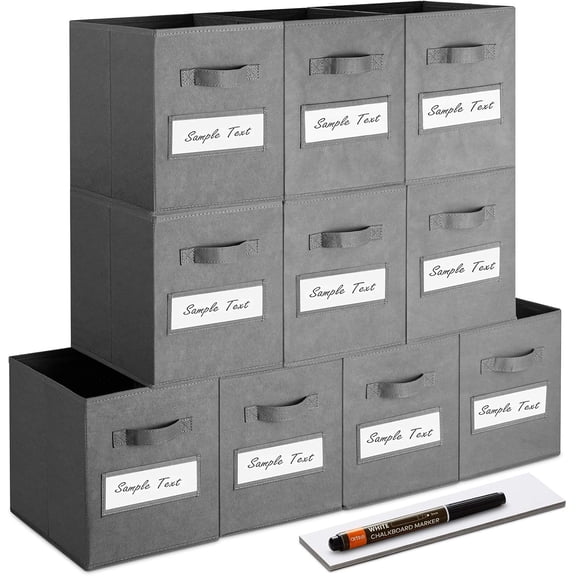 11 Inch Foldable Fabric Storage Cube Set (10 pcs) with Labels and Pen, Gray, Rectangular Shelf and Closet Organizer